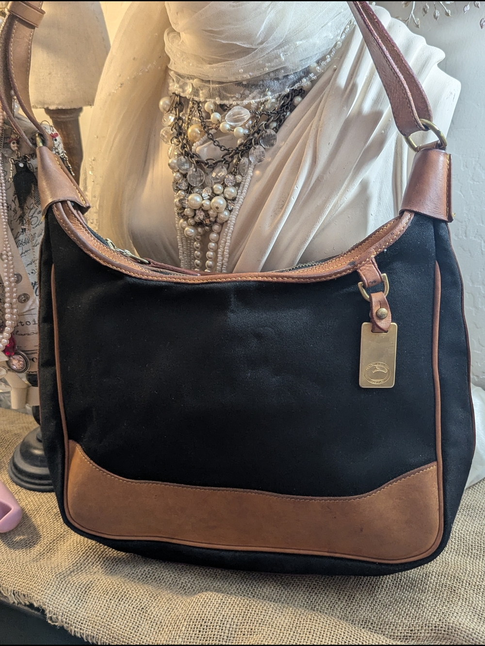 Dooney & Bourke Vintage Black Canvas Hobo with Brown Leather Trim